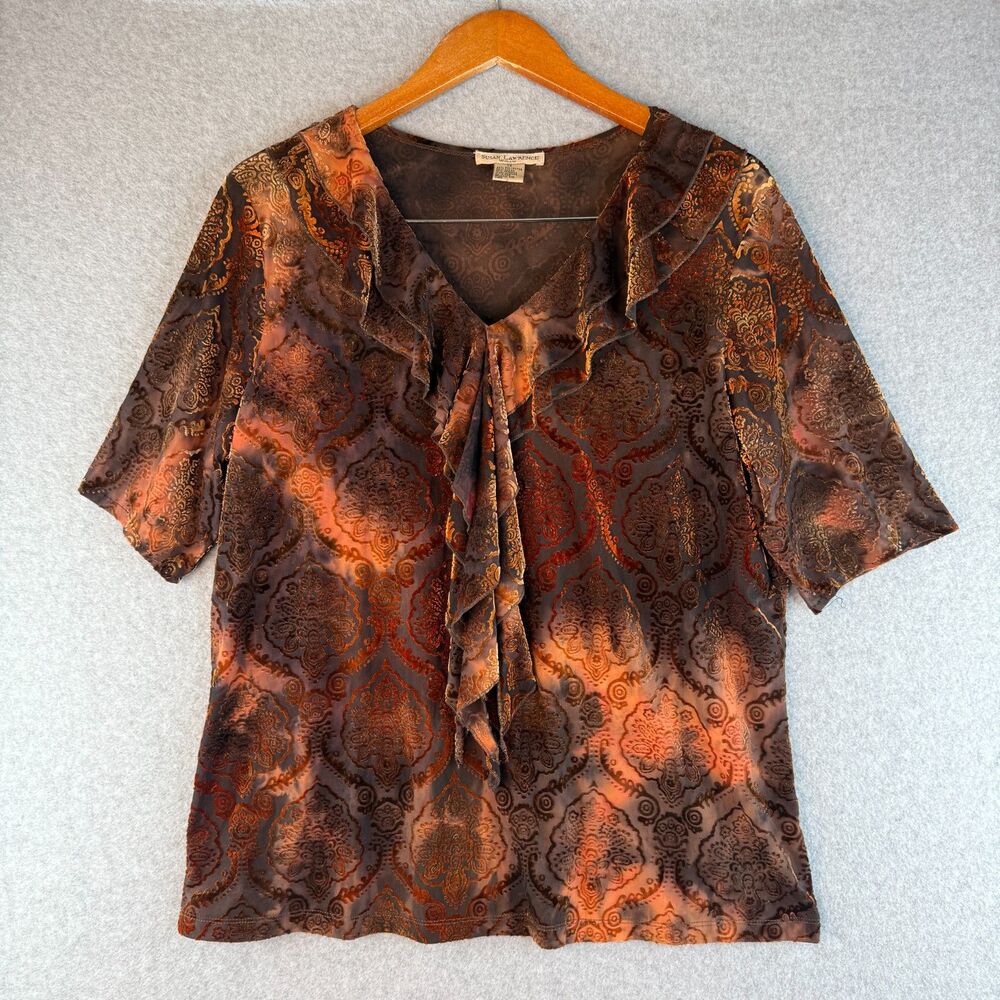 Susan Lawrence Velvet Burnt Orange Top Ruffled Hem Size 1X Grunge/Whimsical